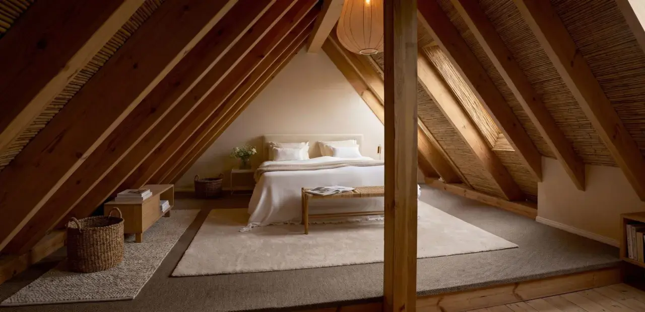 Accogliente camera da letto in un **sottotetto bassissimo**, con travi in legno a vista e un letto bianco immacolato.