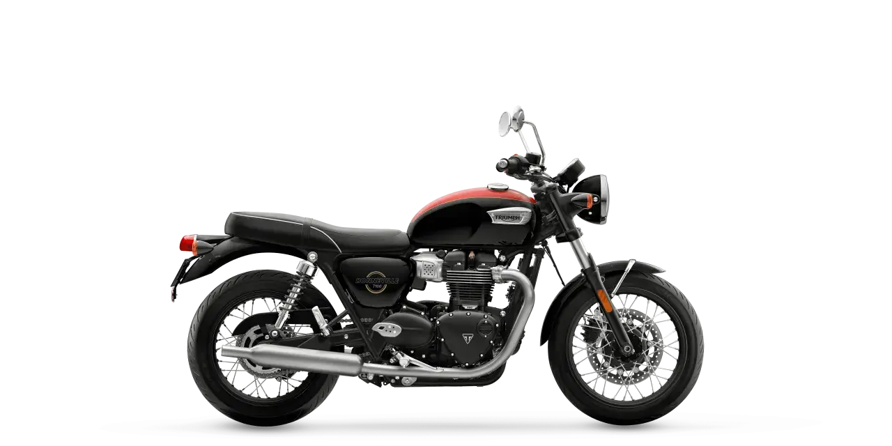 Klasyczny motocykl Triumph Bonneville T100 w czarno-czerwonej kolorystyce. Szczegółowe dane techniczne dostępne dla tego modelu.