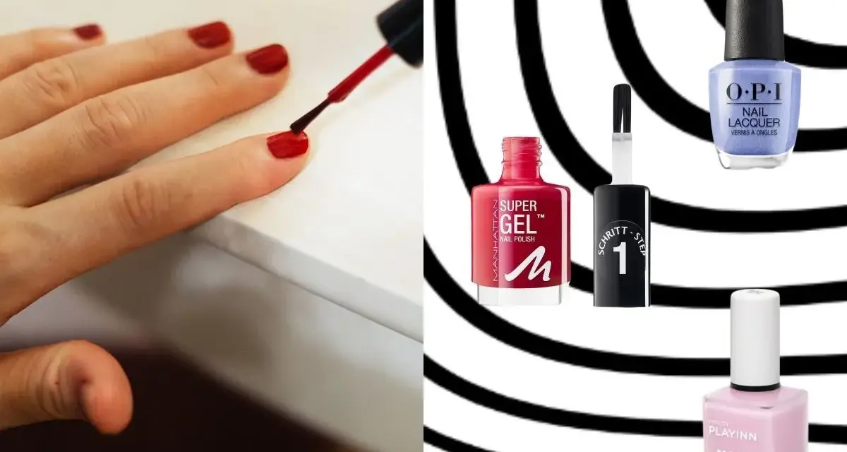 Dłoń maluje paznokcie czerwonym lakierem. Obok buteleczki lakierów: Manhattan Super Gel, OPI, Inglot Playinn. Szukasz lakieru do paznokci trwałego jak hybryda?