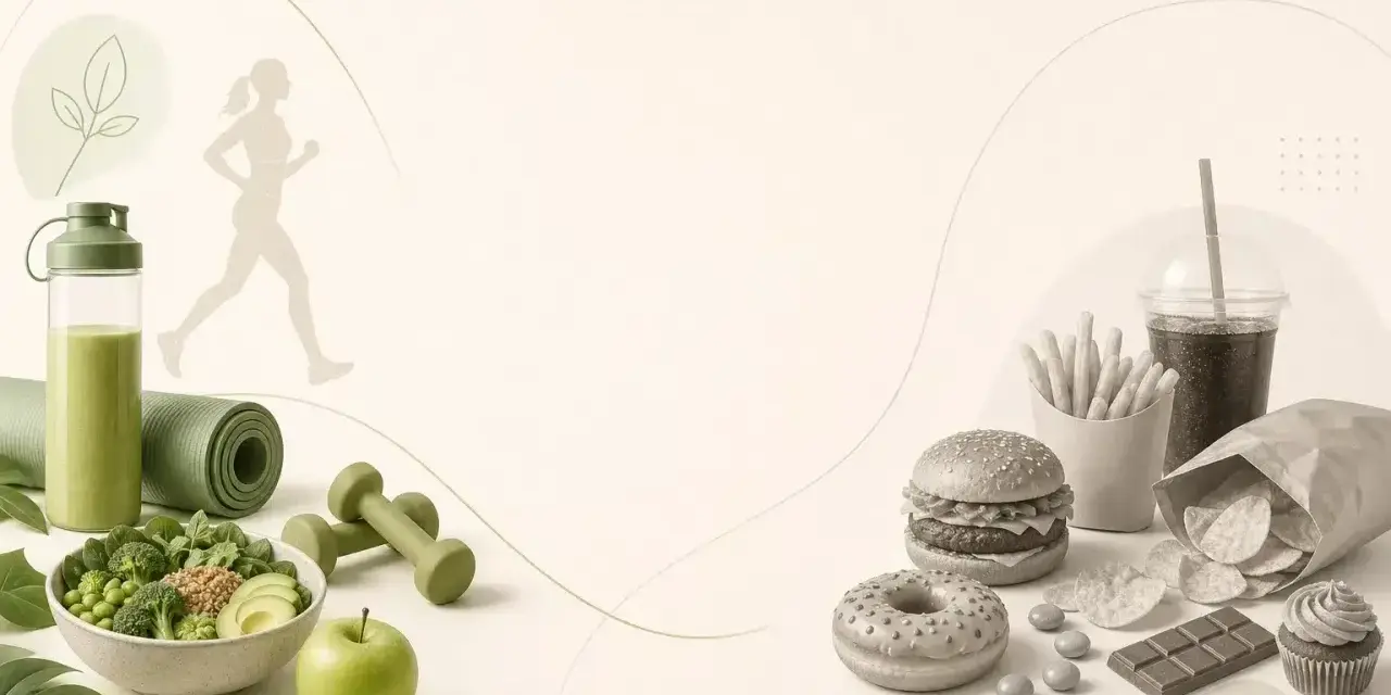 Zdrowa żywność vs. fast food. Tabela: co może jeść cukrzyk? Zielony koktajl, warzywa, jabłko, hantle, biegnąca sylwetka. Po drugiej stronie: burger, frytki, napój, chipsy, pączek, czekolada, babeczka.