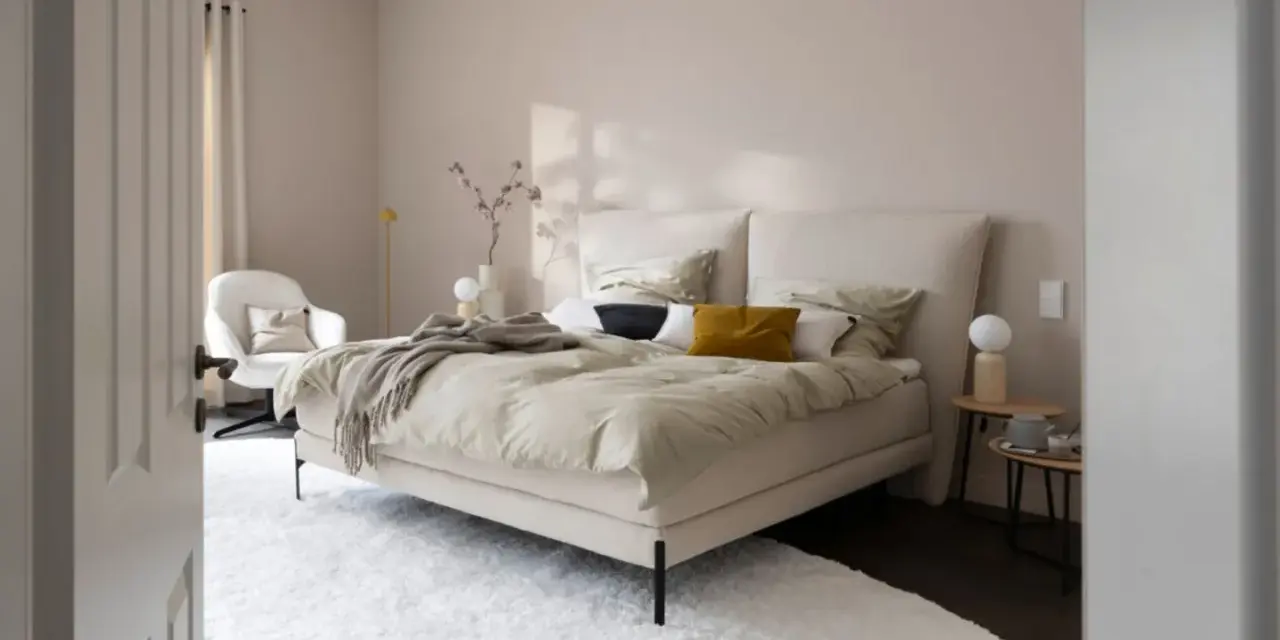 Beige Schlafzimmer Ideen: Einladendes Bett mit beiger Bettwäsche, Akzentkissen und Decke. Weißer Sessel und Teppich schaffen Gemütlichkeit.