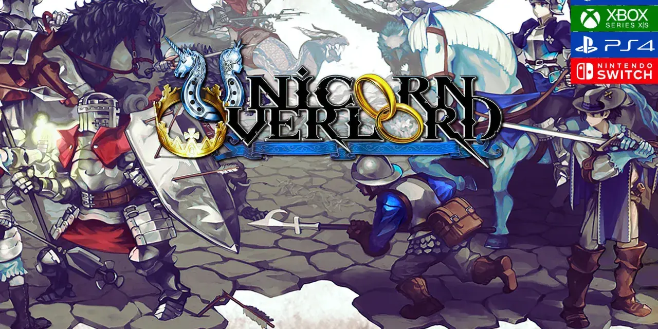 Caballeros, dragones y unicornios en batalla épica. El título "Unicorn Overlord" domina la escena, anunciando un reino de fantasía.