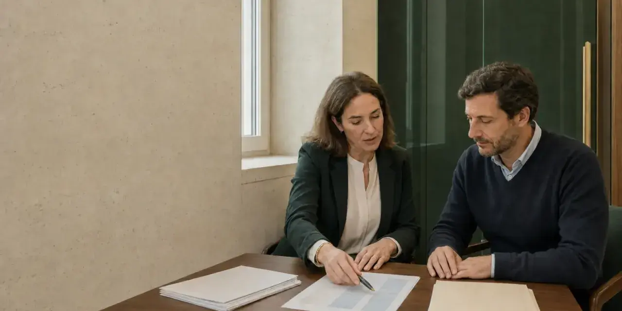 Dos personas revisan documentos en una mesa. Podrían ser ejemplo dos pagadores de renta discutiendo un contrato.