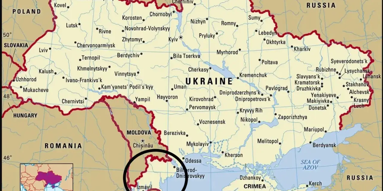 Mapa Ukrainy i Mołdawii. Czarnym okręgiem zaznaczono południową część Mołdawii, która nie ma dostępu do Morza Czarnego.