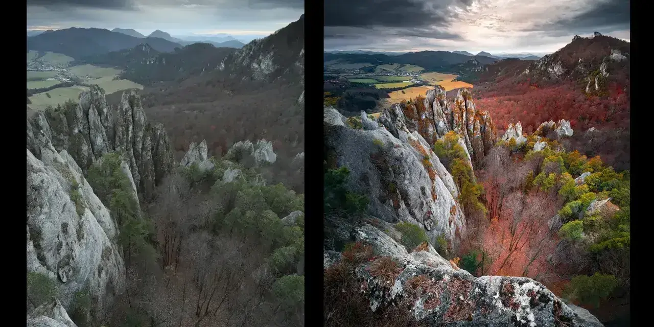 Widok na skalne formacje i dolinę. Po lewej surowa, pojedyncza klatka. Po prawej panorama z 6 klatek, gdzie fotograf i fotografik wydobył jesienne barwy.