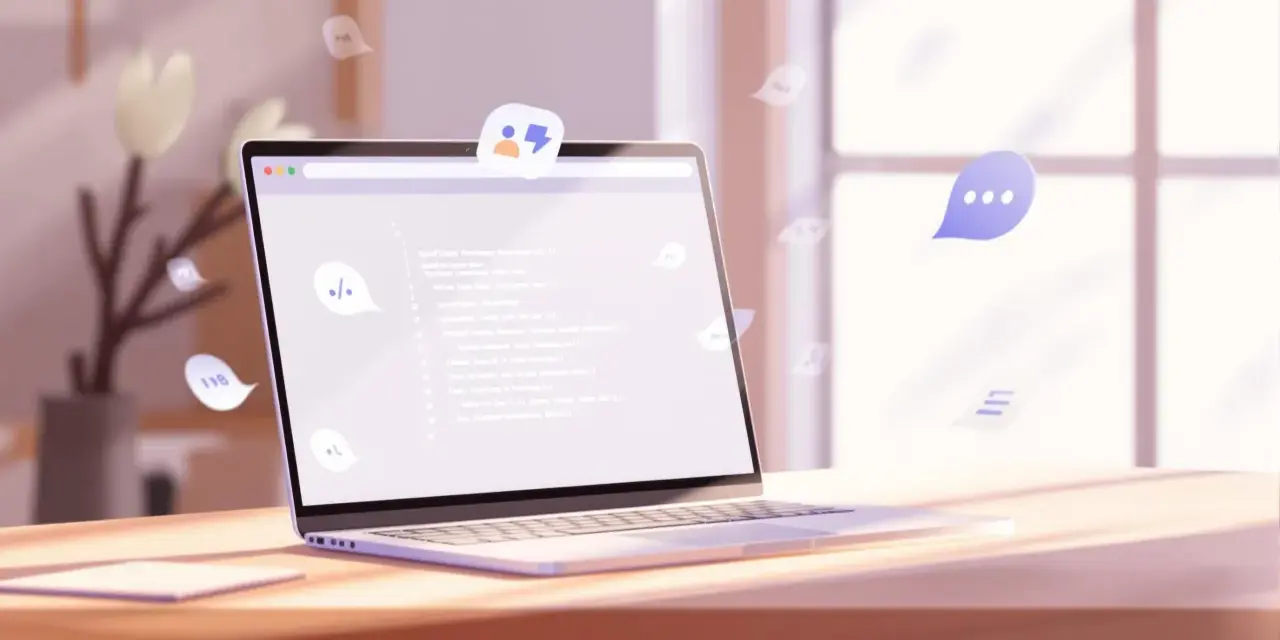 Laptop zeigt Code, der auf Symfony Messenger hinweist. Sprechblasen mit Icons schweben umher, wie bei einer Benachrichtigung.