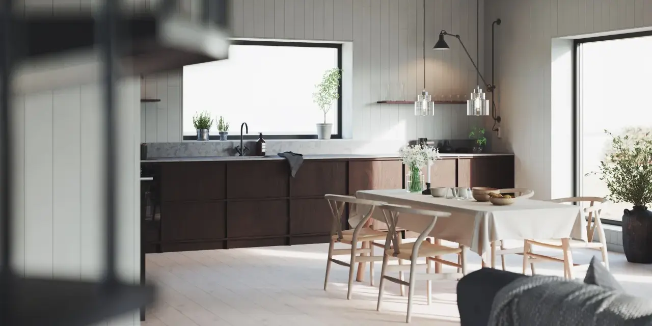 Ljust kök med träpaneler, matbord och köksö. Perfekt panel inomhus inspiration för ett modernt hem.