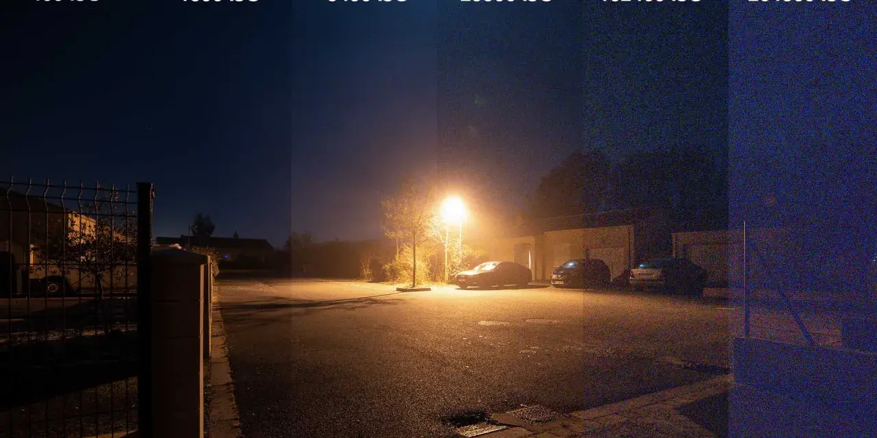 Comparaison de la qualité d'une **iso photo nuit** à différents réglages : 400 à 204800 ISO. Le bruit augmente avec l'ISO.