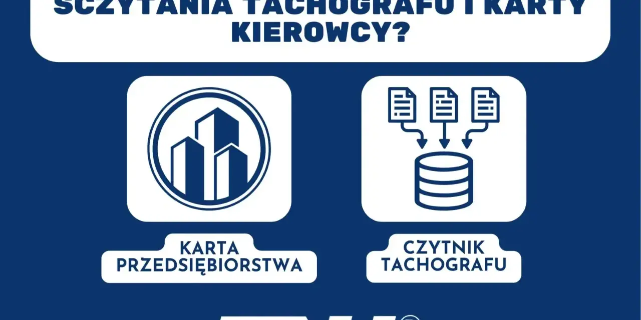 Grafika informuje o potrzebnych elementach do sczytywania karty kierowcy i tachografu: karta przedsiębiorstwa i czytnik tachografu.