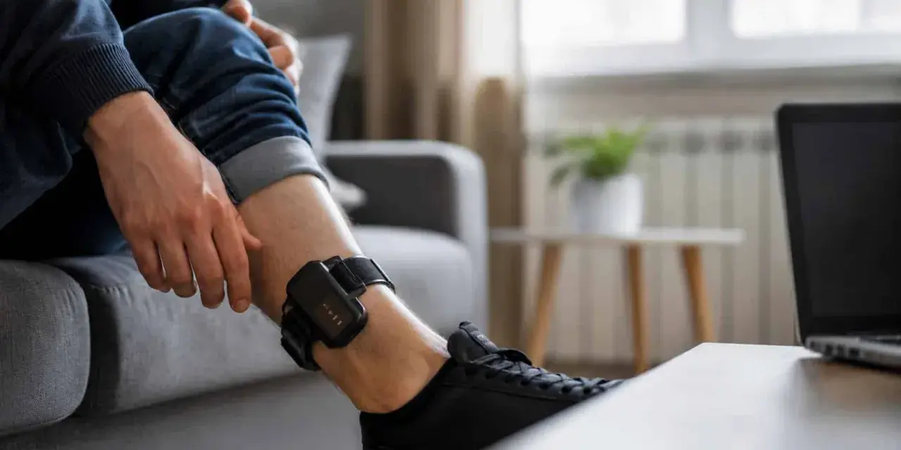 Osoba z elektroniczną obrożą na nodze. To urządzenie monitorujące, które może być częścią kary, a niekoniecznie oznacza, że ktoś "grypsuje" w sensie więziennym.