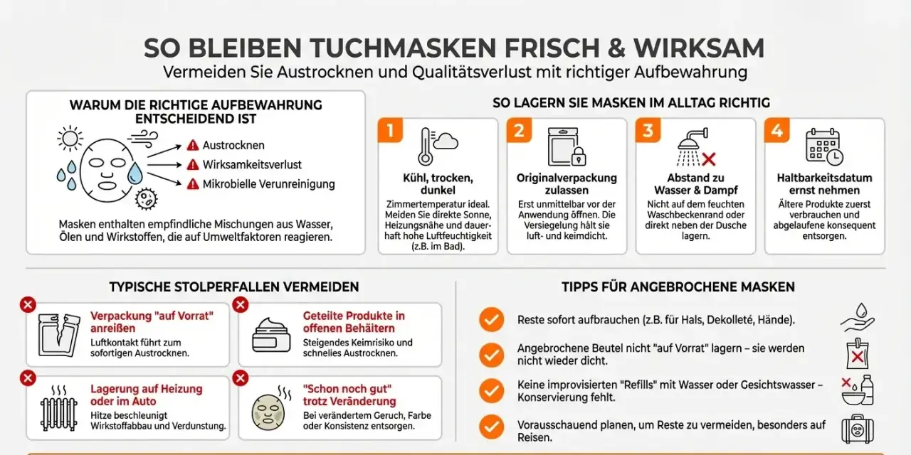 Kühl, trocken, dunkel lagern. Nicht auf dem feuchten Waschbeckenrand oder direkt neben der Dusche aufbewahren, um Austrocknen der gesichtsmaske vor oder nach dem duschen zu vermeiden.