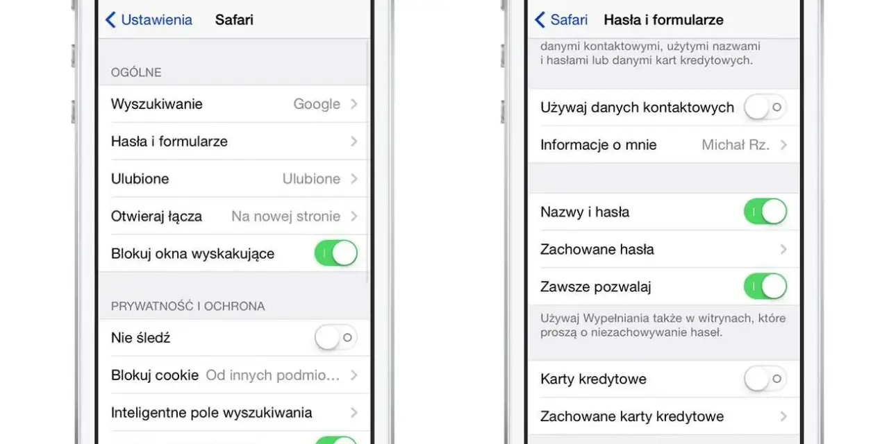 Ustawienia Safari: zarządzanie hasłami i formularzami, blokowanie wyskakujących okienek i alerty o fałszywych witrynach.