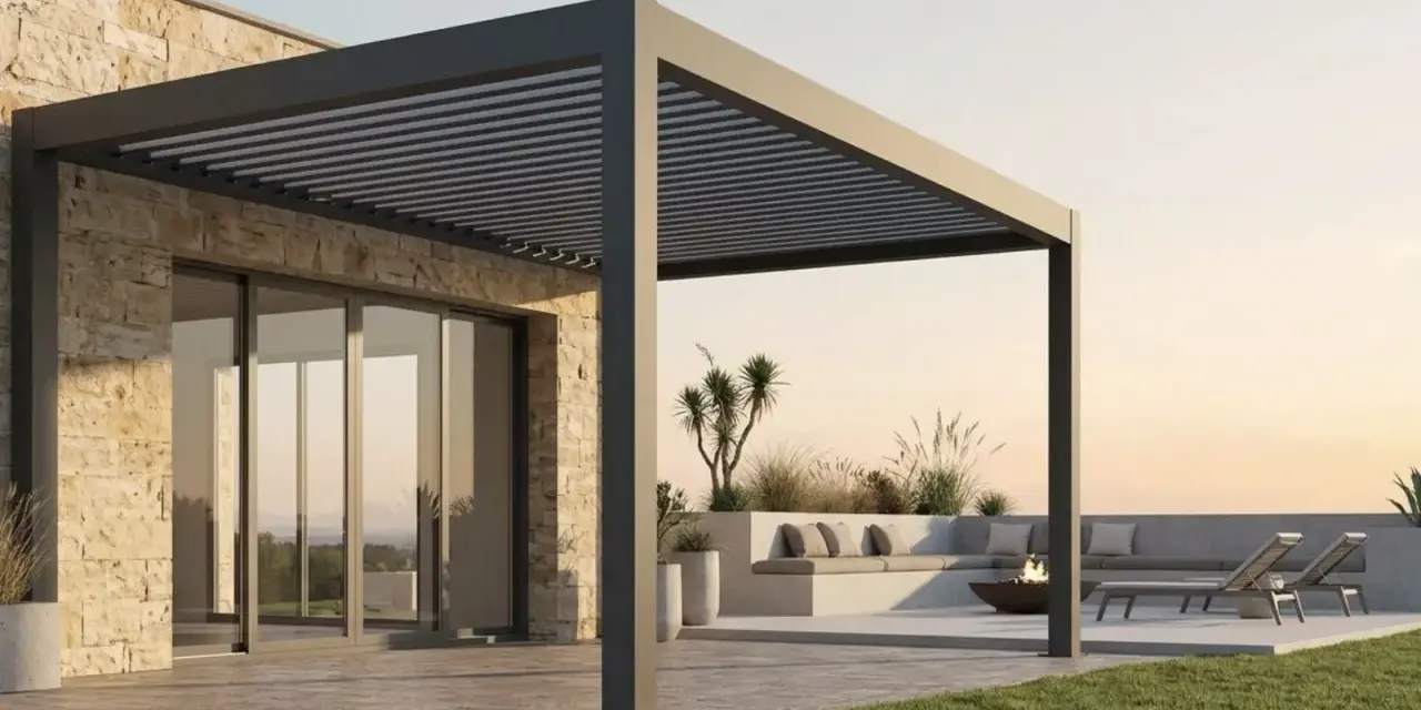 Una moderna casa con una **pérgola bioclimática** que ofrece un espacio exterior acogedor con asientos, tumbonas y una hoguera.