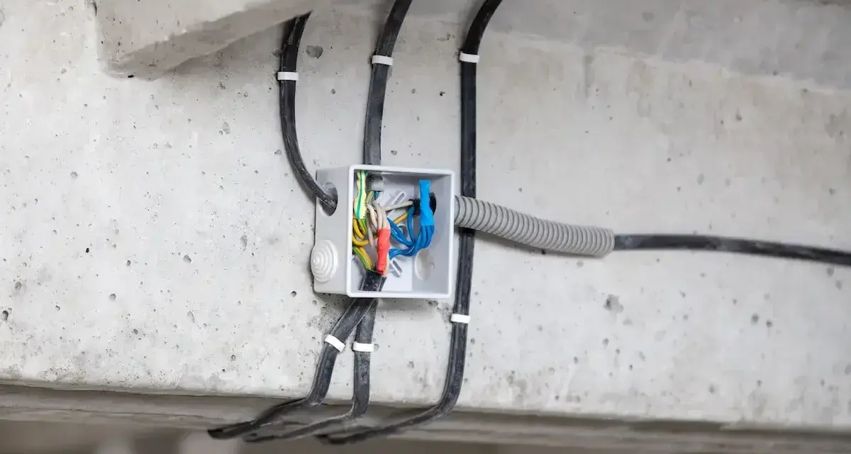 Rozdzielnica modułowa z przewodami elektrycznymi, zamontowana na betonowej konstrukcji.