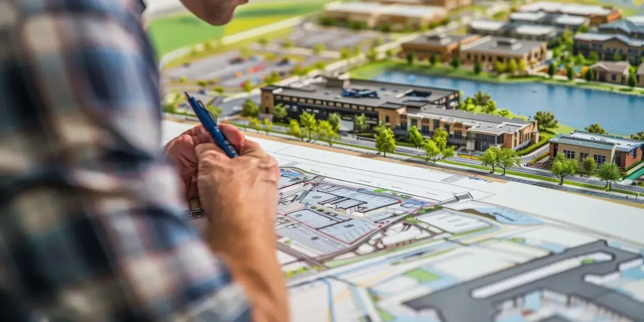 Architekt analizuje model urbanistyczny, planując rozwój terenu. To właśnie mpzp co to za dokument, który określa przeznaczenie działek.
