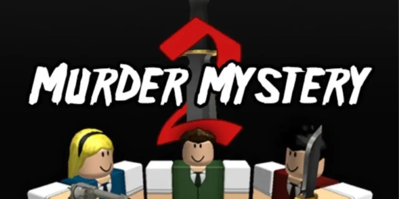 Postacie z gry Murder Mystery 2, z napisem "MURDER MYSTERY 2" i mieczem. Szukasz kodów do mm2?