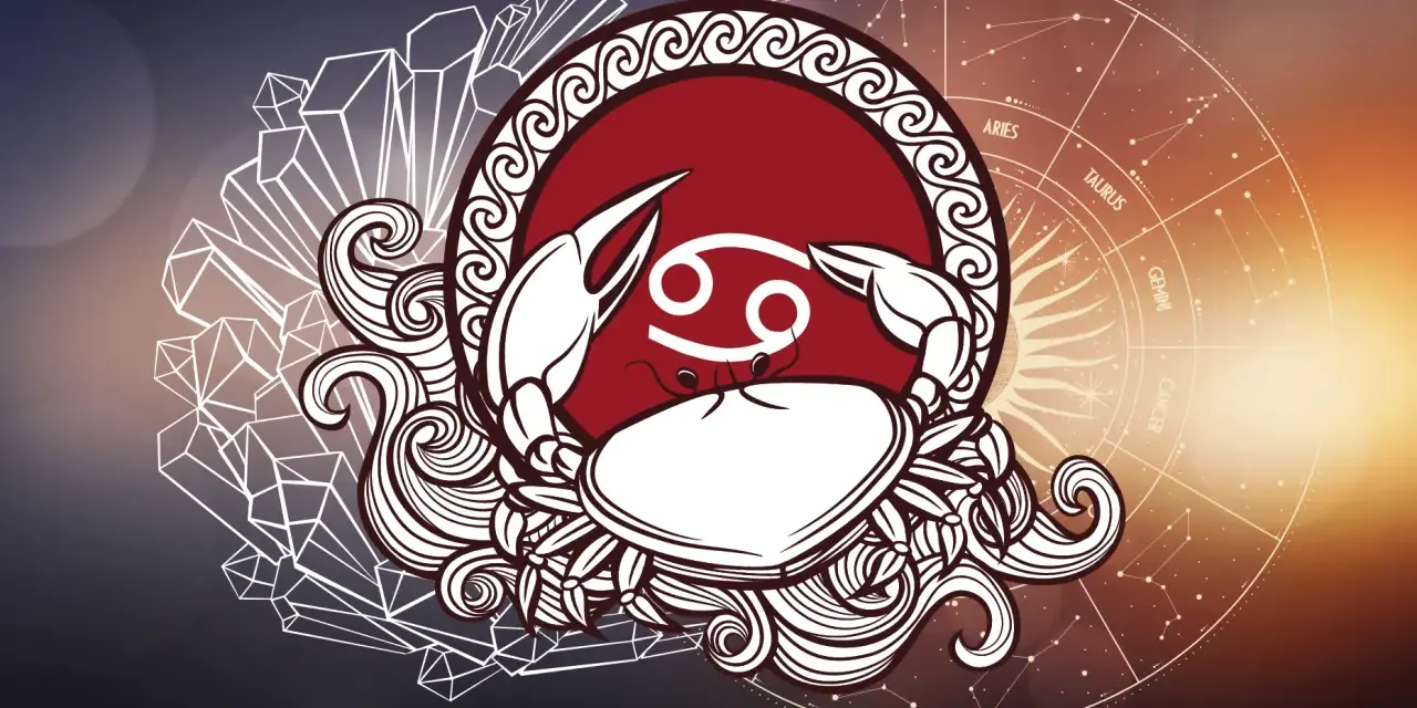Symbol Raka, 6 czerwca znak zodiaku, otoczony kryształami i kołem zodiaku.