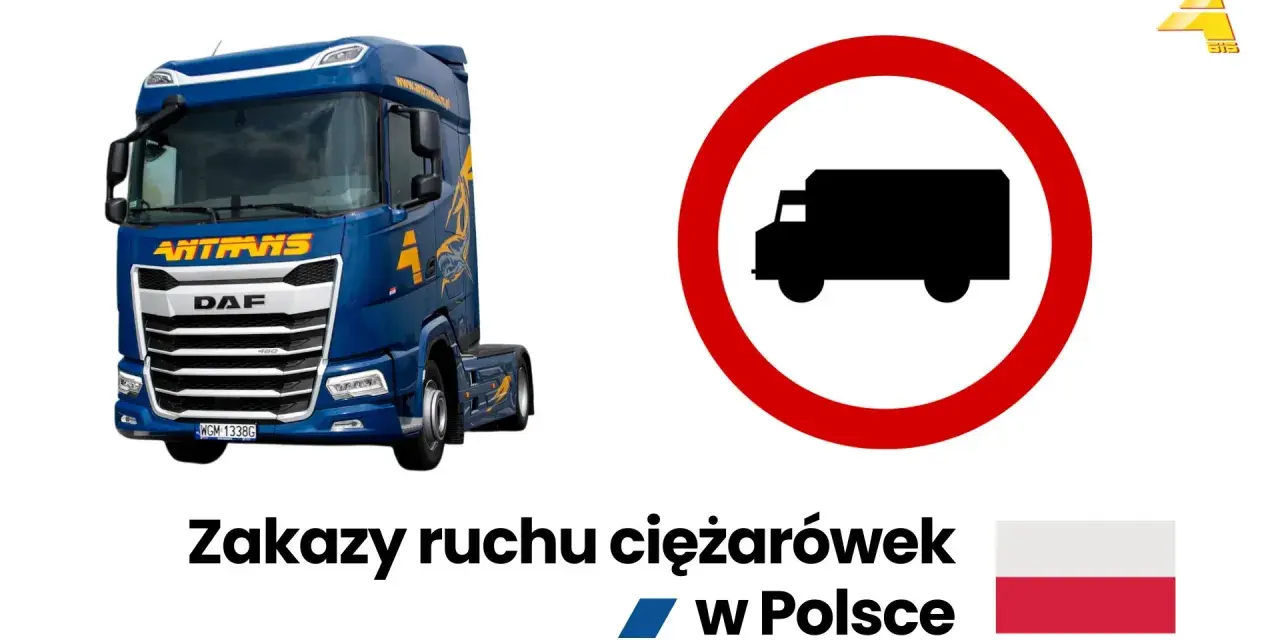 Niebieska ciężarówka DAF obok znaku zakazu ruchu dla pojazdów ciężarowych. Temat: zakazy tir w Polsce.