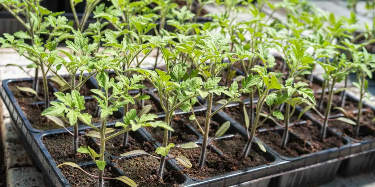 Små tomatplantor i plastbrickor. Den rätta temperaturen är avgörande för att de ska växa sig starka.