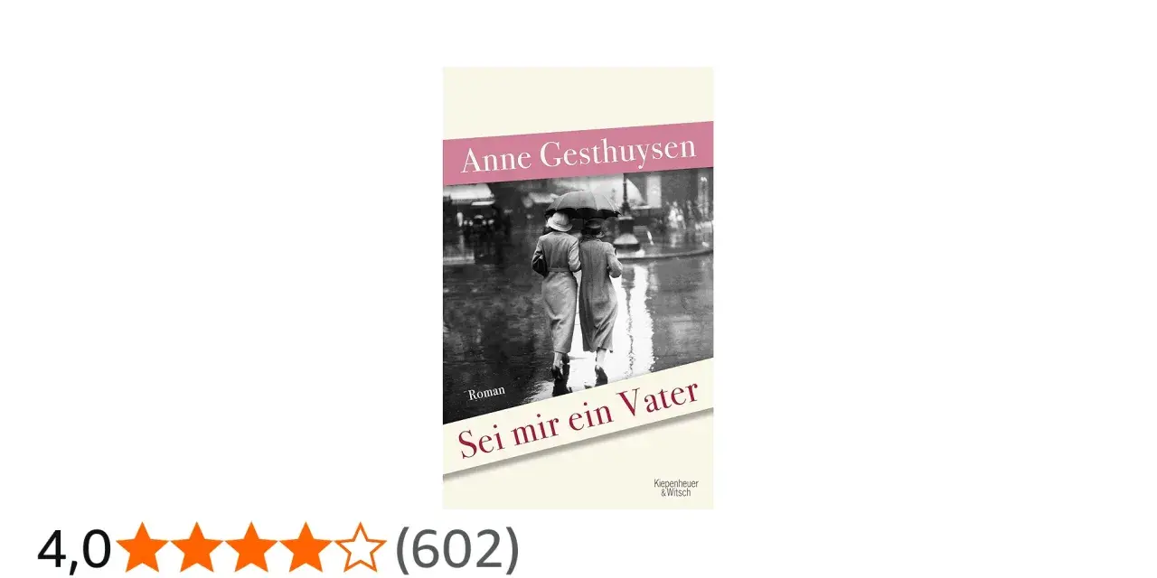 Buchcover: Zwei Frauen mit Regenschirm im Regen, Titel "Sei mir ein Vater" von Anne Gesthuysen.