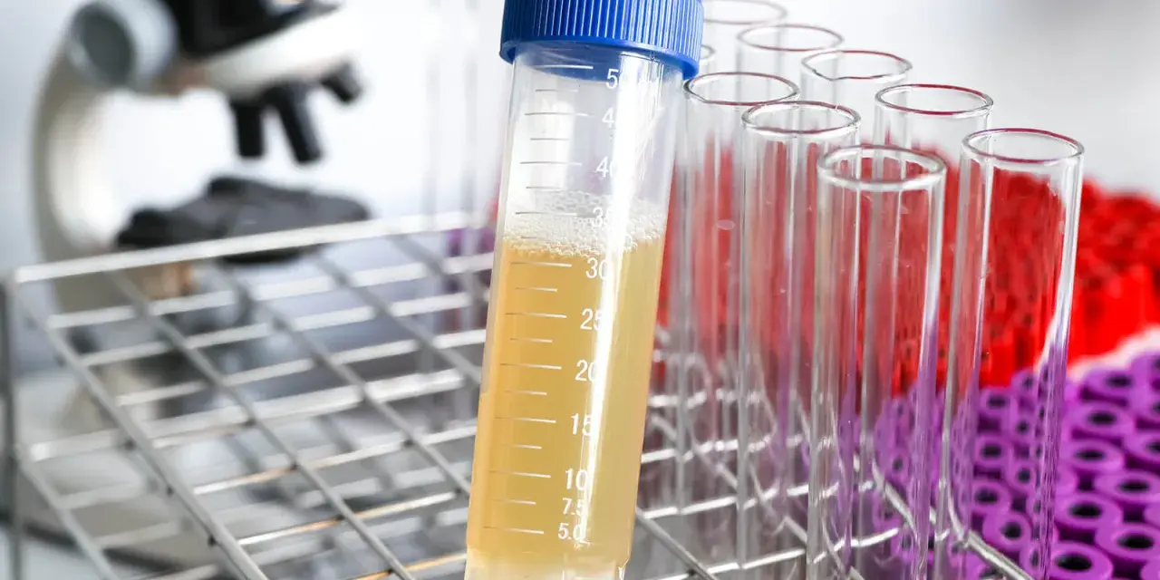Laborröhrchen mit gelblicher Flüssigkeit, die auf erhöhten Protein im Urin hinweisen könnte. Im Hintergrund ein Mikroskop.
