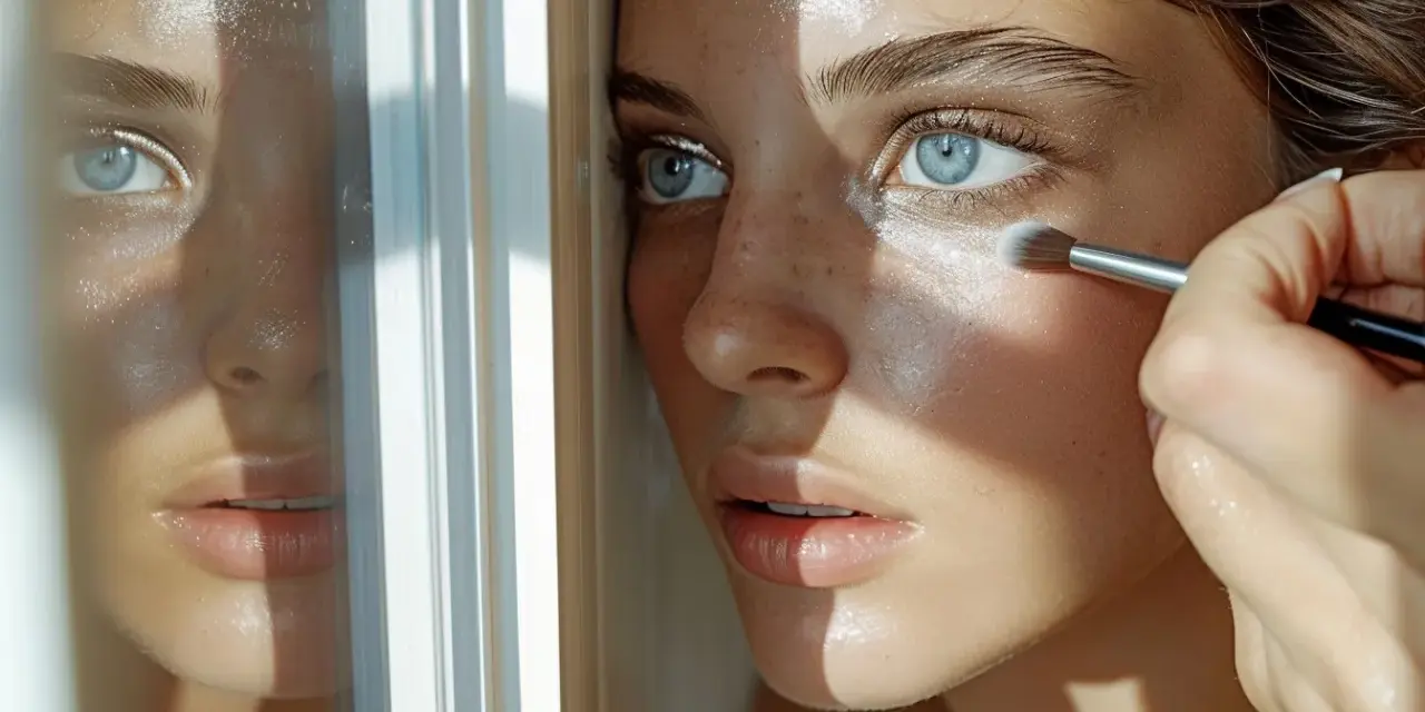 Une main applique un fard lumineux sous l'œil d'une jeune femme aux yeux bleus, pour faire un contouring subtil.