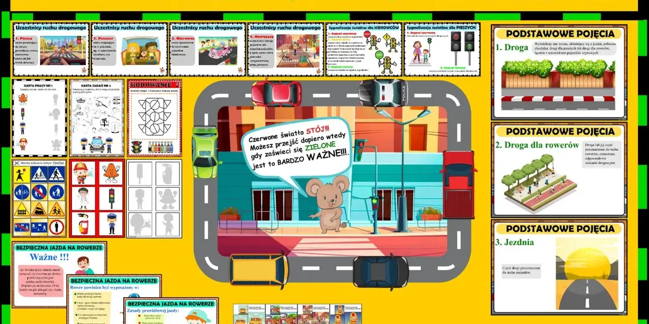Ilustracja edukacyjna "Bezpieczeństwo na drodze" z zasadami ruchu drogowego dla dzieci, sygnalizacją świetlną i znakami.
