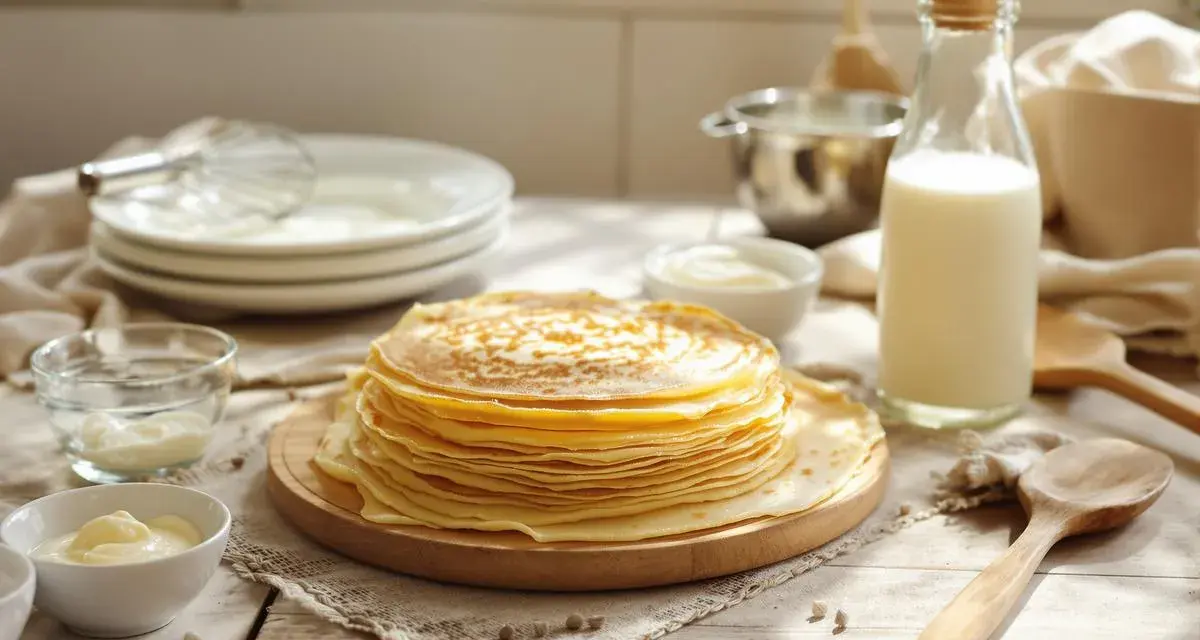 Une pile de crêpes dorées, prêtes pour une recette crêpe comme à la crêperie. Lait, crème et ustensiles à proximité.