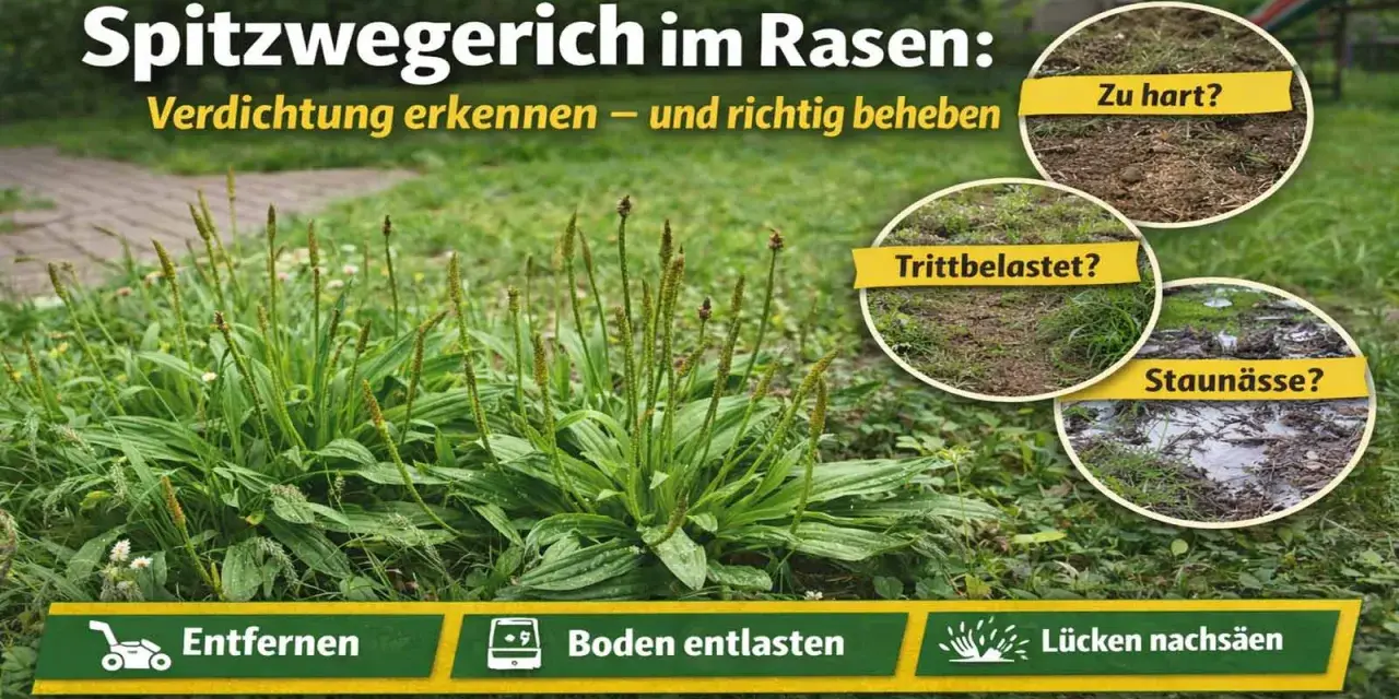 Breitwegerich im Rasen: Verdichtung erkennen und beheben. Bilder zeigen zu harte Erde, Trittbelastung und Staunässe. Tipps: Entfernen, Boden entlasten, Lücken nachsäen.