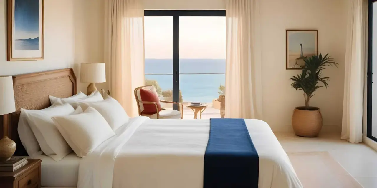 Acogedores dormitorios estilo mediterráneo con vistas al mar. Cama blanca con manta azul, sillón de mimbre y plantas.