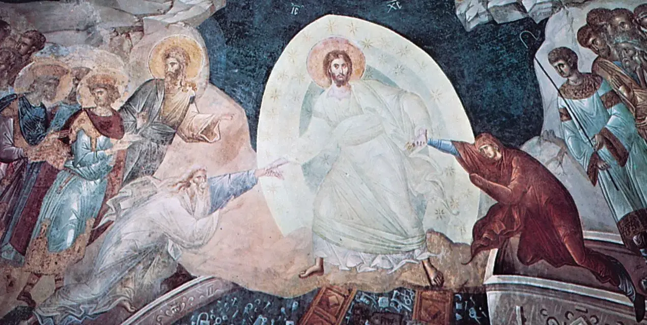 Resurrection scene: Christ pulls Adam and Eve from a tomb, symbolizing liberation from purgatory.