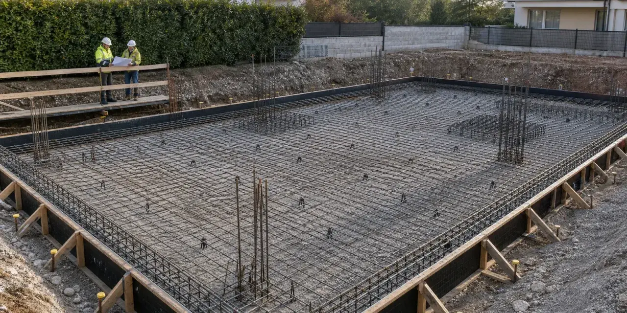 Costruzione di una platea di fondazione con rete metallica e armature in vista. Due operai con caschi discutono il progetto.
