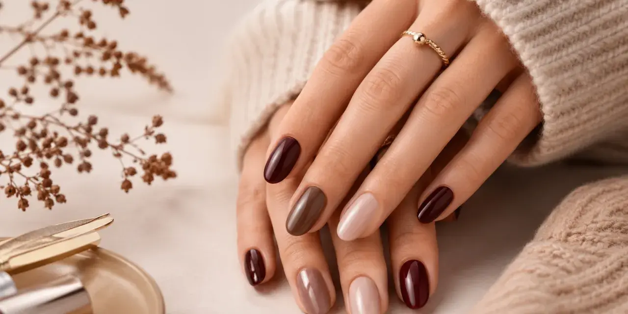 Mani curate con smalti color terra e bordeaux, un'anticipazione delle unghie inverno 2026. Un anello dorato completa il look.