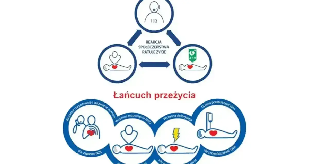 Schemat "Łańcuch przeżycia" przedstawiający etapy pierwszej pomocy: wezwanie pomocy, RKO, defibrylacja, opieka poresuscytacyjna.