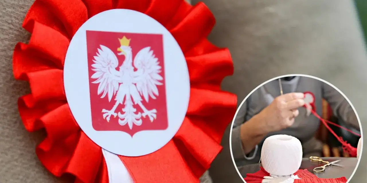 Jak zrobić kotylion: czerwono-biała kokarda z orłem, obok ręce tworzące podobny wzór z nici i nożyczek.