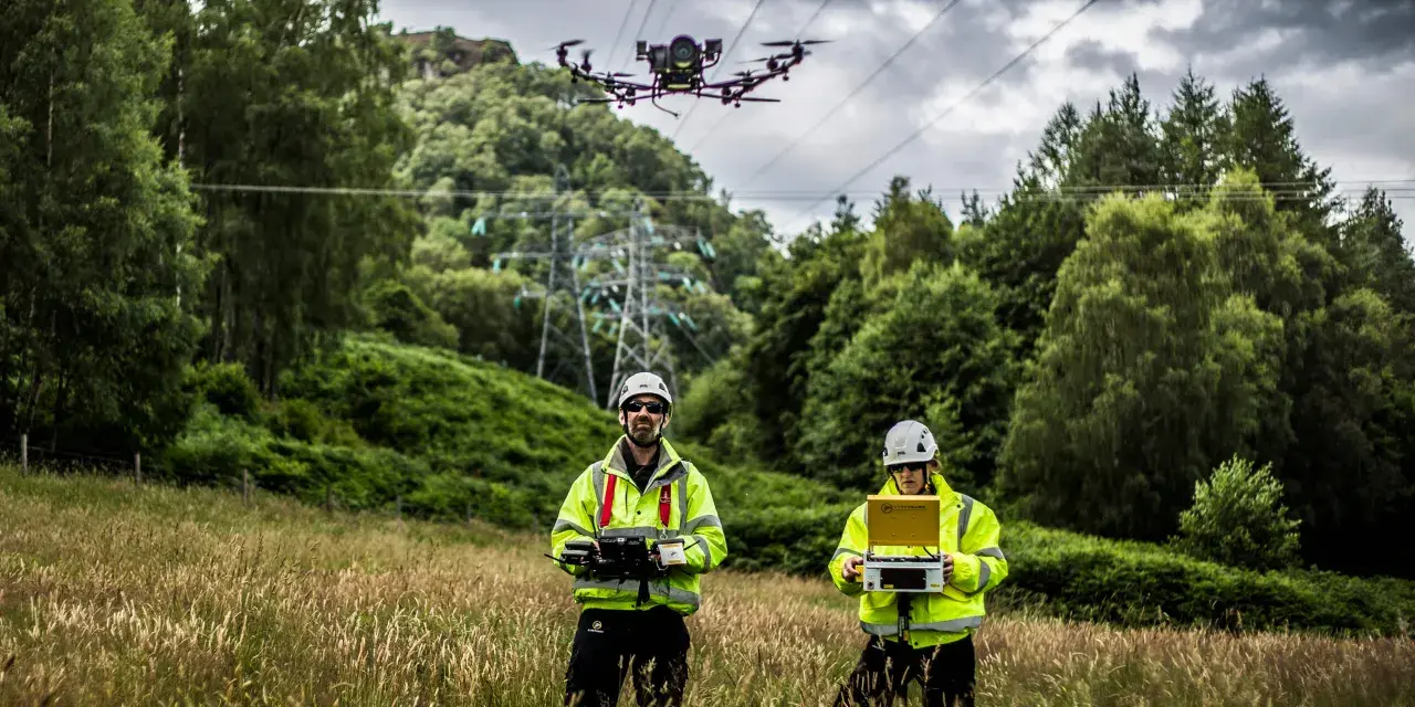 Two technicians in high-visibility jackets operate a power line drone in a grassy field, with a transmission tower and trees in the background.