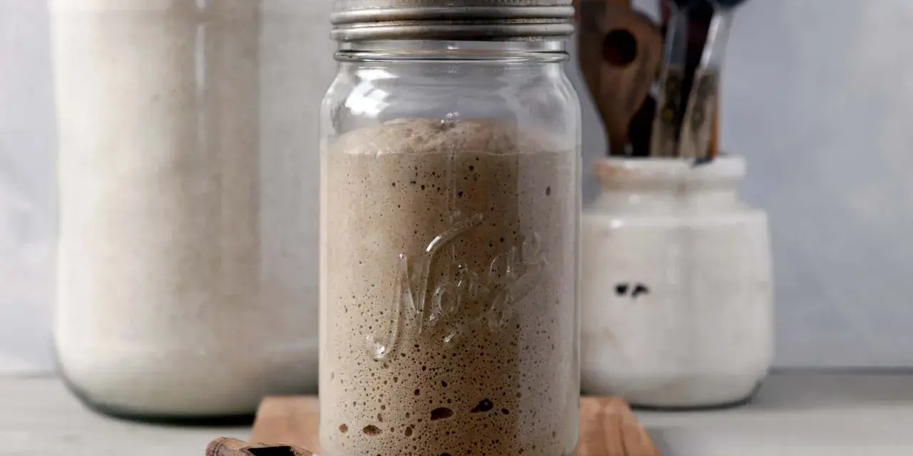 Blubbernde Sauerteig Kultur in einem Glas, bereit für das nächste Brot. Daneben ein Löffel mit Mehl und ein großer Behälter mit weiteren Zutaten.