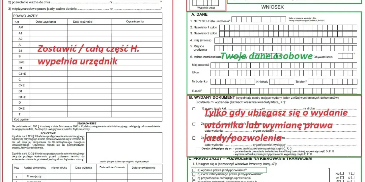 Wniosek o wydanie prawa jazdy, wtórnika lub wymianę dokumentu. Wypełnij dane osobowe i zaznacz cel złożenia wniosku.