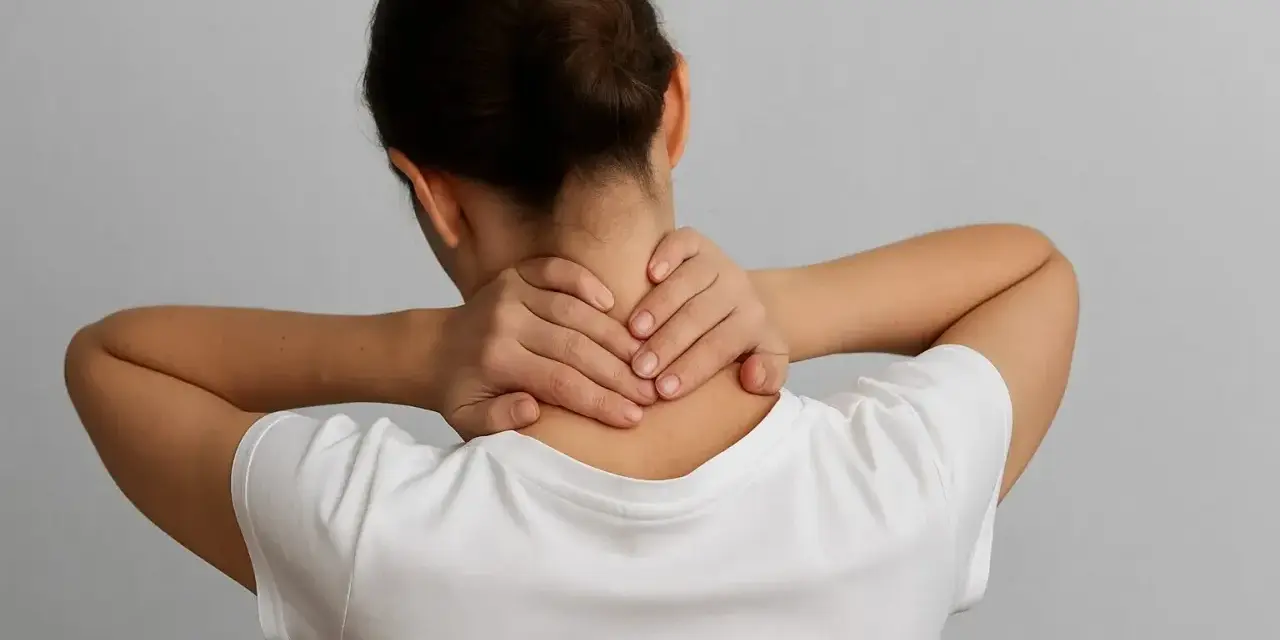 Kobieta masuje kark, szukając ulgi w bólu. Fizjoterapia plecy to rozwiązanie dla cierpiących.