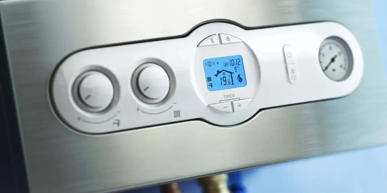 Caldaia moderna con display digitale che mostra la temperatura e la pressione acqua termosifoni.