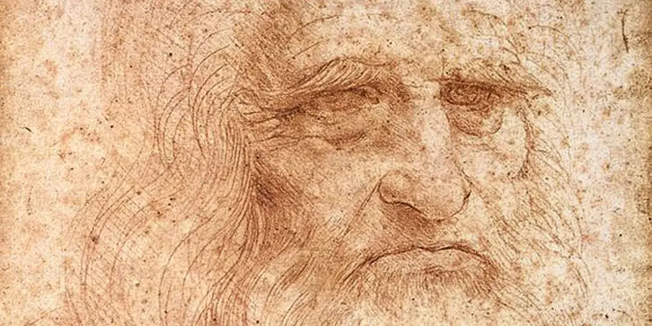 Szkic twarzy starca, przypominający portret z epoki renesansu, idealny do ilustracji biografii Leonardo da Vinci.