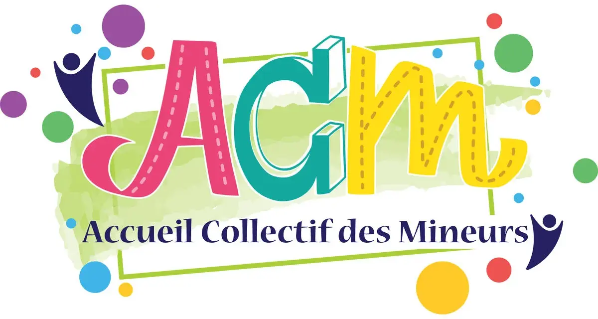 Logo coloré pour l'ACM (Accueil Collectif des Mineurs) avec des bulles et des silhouettes joyeuses.