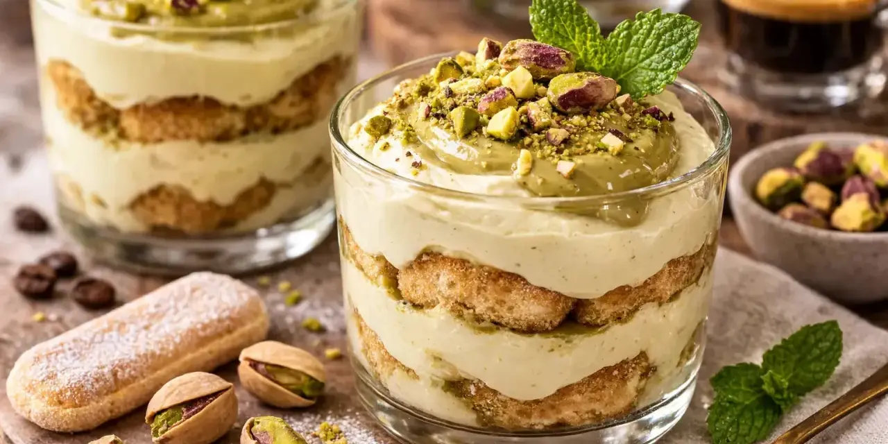 Schichtdessert mit Mascarpone-Creme, Löffelbiskuits und Pistazien, garniert mit Minze. Ein köstliches Mascarpone-Dessert.