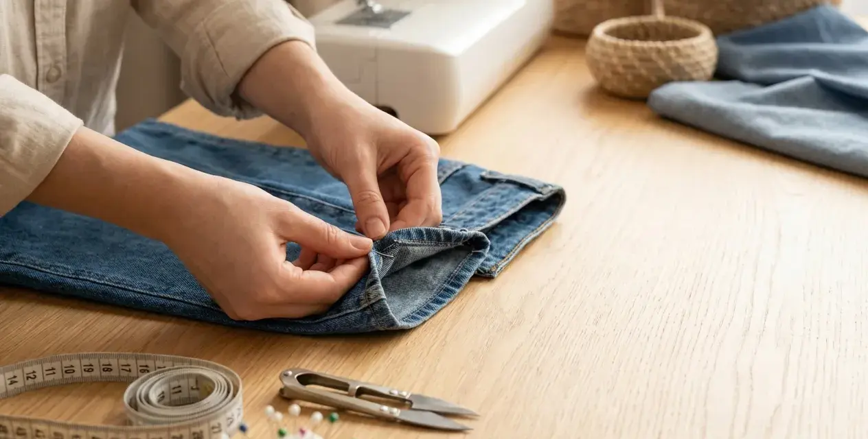 Händer syr upp jeans. Verktyg som måttband, nåldyna och sax ligger på bordet, vilket visar olika sätt att lägga upp maskor för ett perfekt resultat.