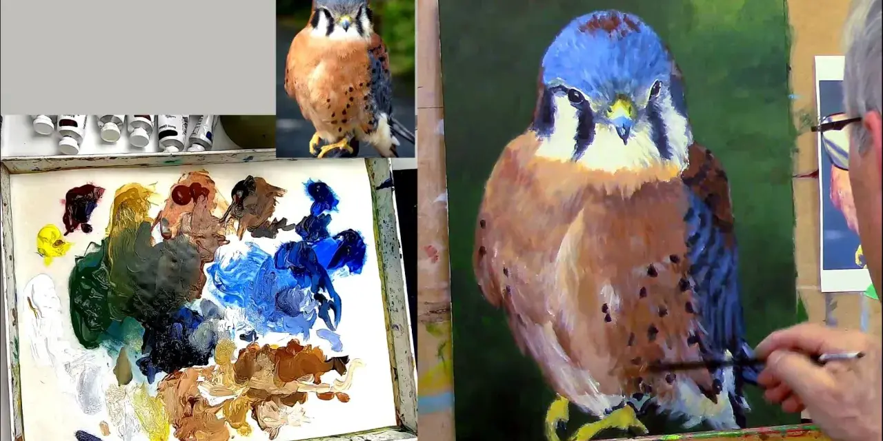 Un artiste peint un faucon crécerelle avec de l'acrylique, utilisant une palette de couleurs vives pour capturer les détails de l'oiseau.