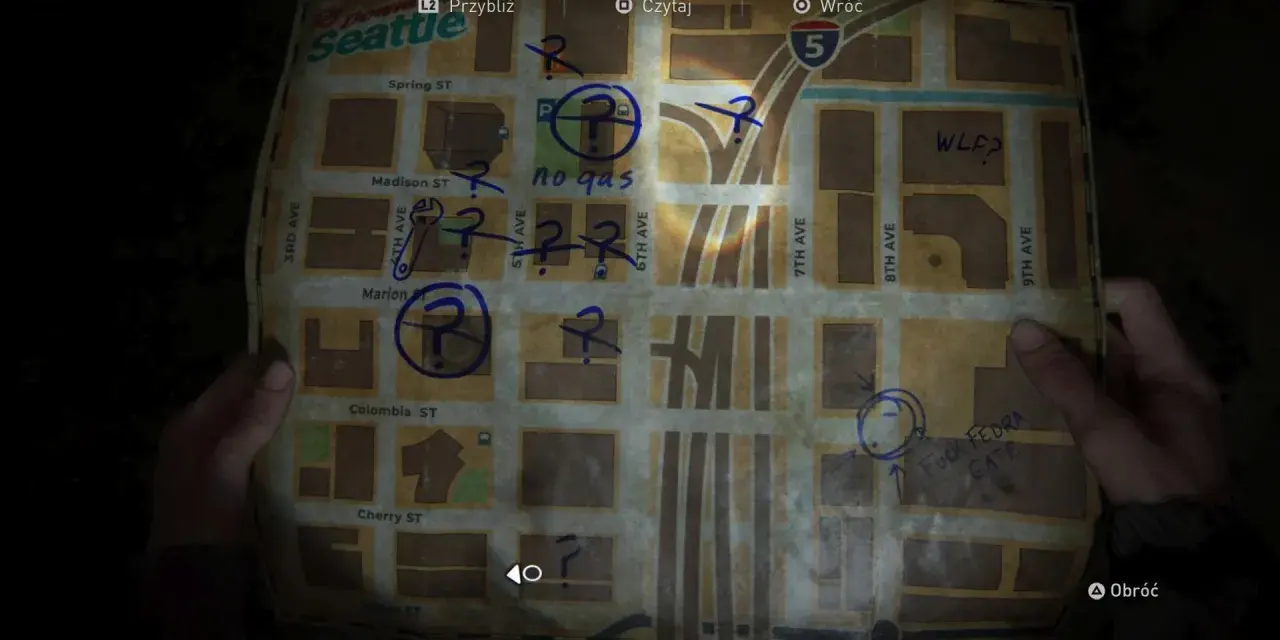 Mapa Seattle z zaznaczonymi punktami. Czy zastanawiasz się, ile trwa The Last of Us 2?