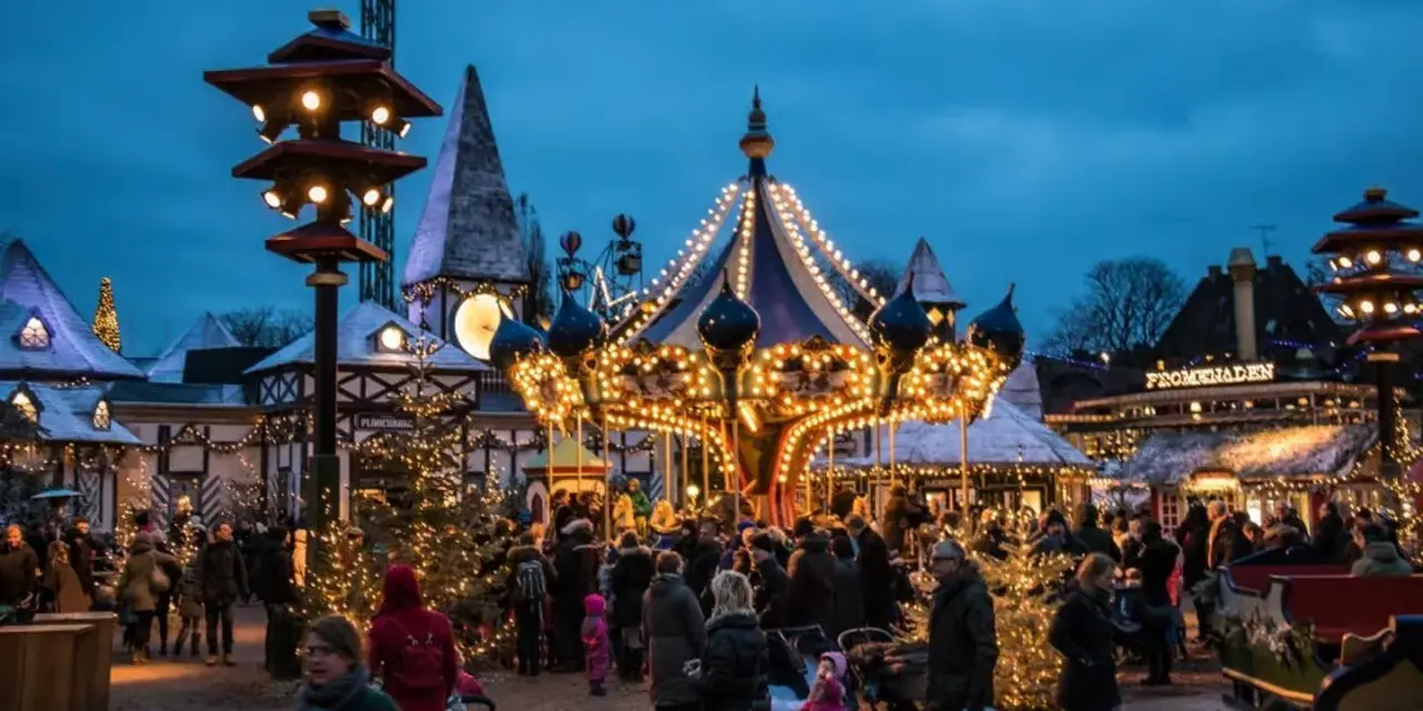 A lively Copenhagen Christmas market at dusk, with a brightly lit carousel and festive stalls. People stroll amongst decorated trees, enjoying the magical atmosphere.