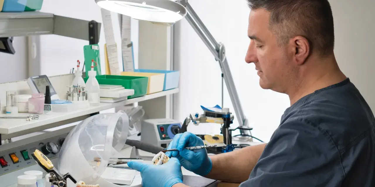 Technik dentystyczny w rękawiczkach pracuje nad modelem zębów przy użyciu pędzelka.