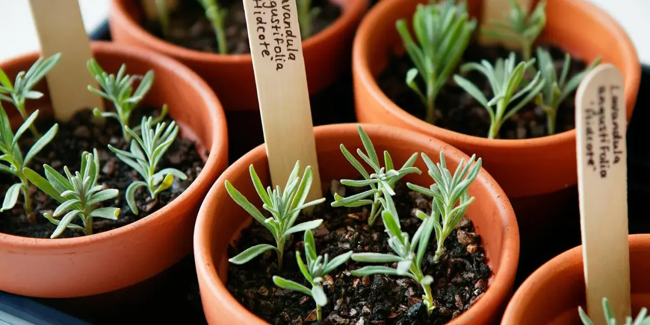 Kleine Lavendel-Setzlinge in Terrakotta-Töpfen, bereit zum Auspflanzen. Die Etiketten zeigen "Lavandula angustifolia 'Hidcote'", was auf das erfolgreiche Lavendel vermehren hindeutet.