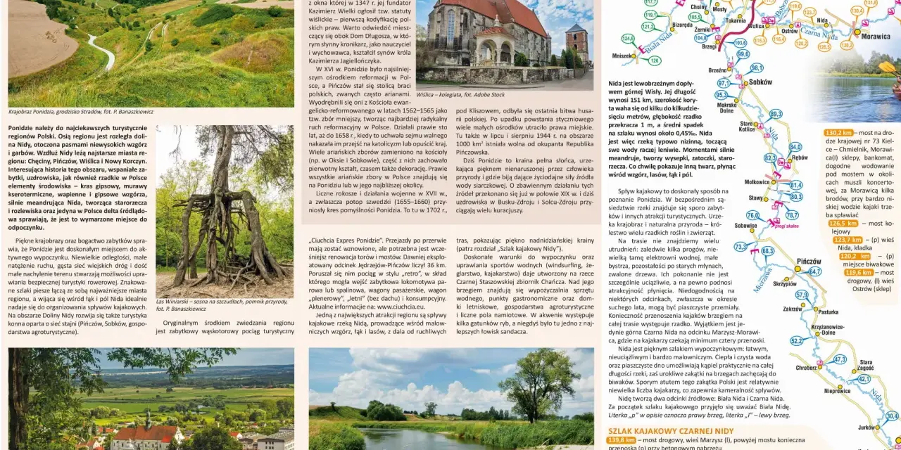 Mapa Ponidzia z zaznaczonymi szlakami kajakowymi Nidy. Opis regionu, jego historii i atrakcji turystycznych.